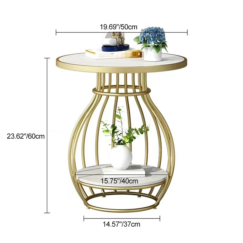 Modern Minimalist Round Oval Square Carbon Steel Rock Slab Side Table 2-Tier For Living Room
