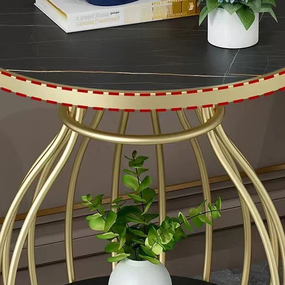 Modern Minimalist Round Oval Square Carbon Steel Rock Slab Side Table 2-Tier For Living Room