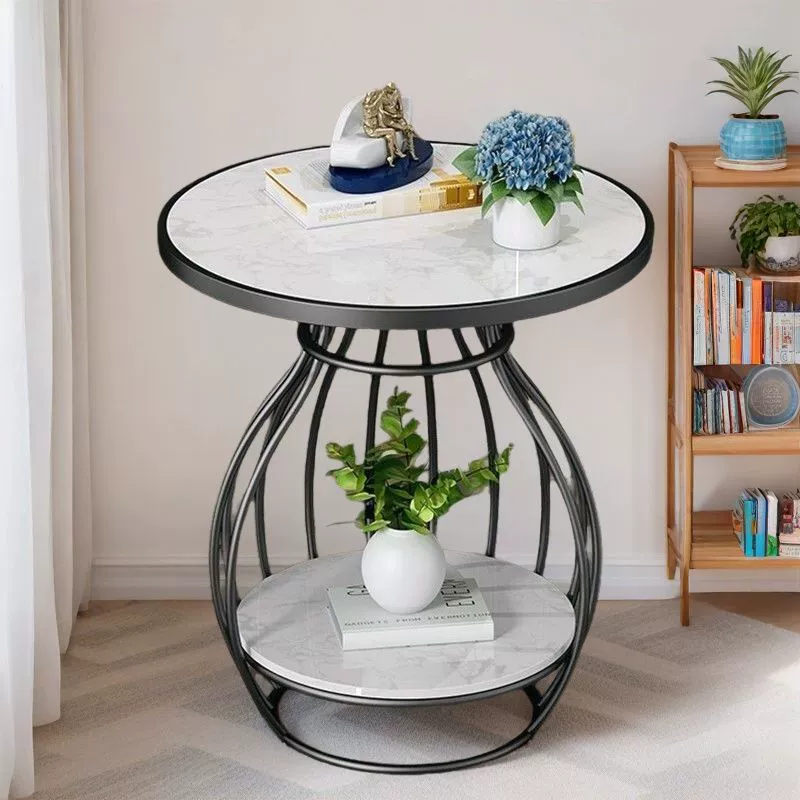 Modern Minimalist Round Oval Square Carbon Steel Rock Slab Side Table 2-Tier For Living Room