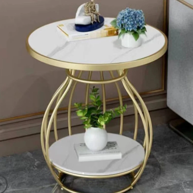 Modern Minimalist Round Oval Square Carbon Steel Rock Slab Side Table 2-Tier For Living Room