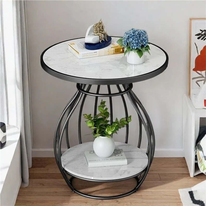 Modern Minimalist Round Oval Square Carbon Steel Rock Slab Side Table 2-Tier For Living Room