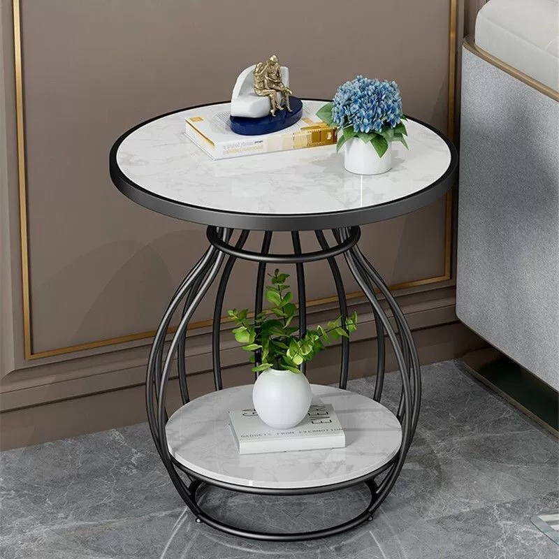 Modern Minimalist Round Oval Square Carbon Steel Rock Slab Side Table 2-Tier For Living Room