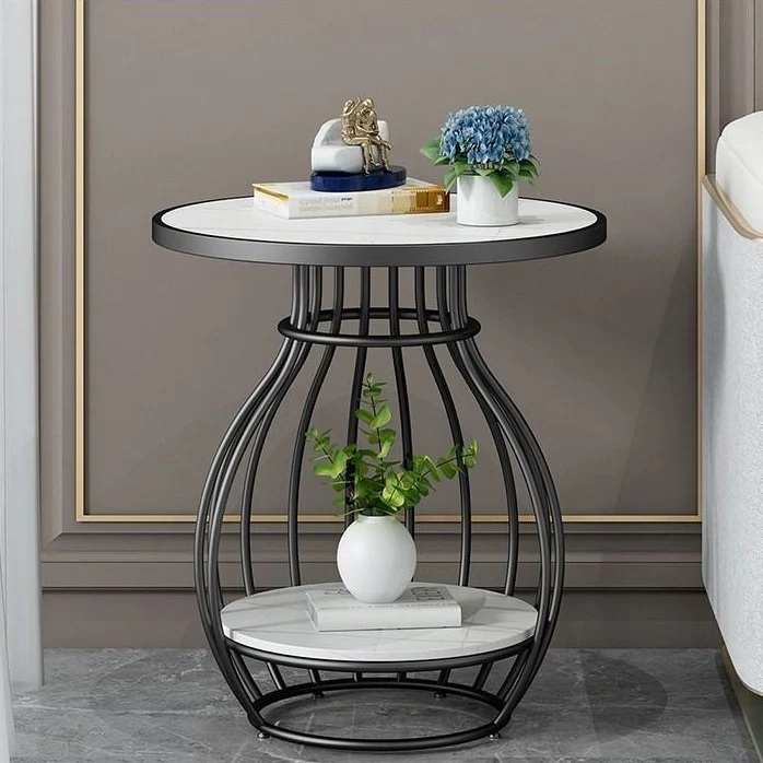 Modern Minimalist Round Oval Square Carbon Steel Rock Slab Side Table 2-Tier For Living Room