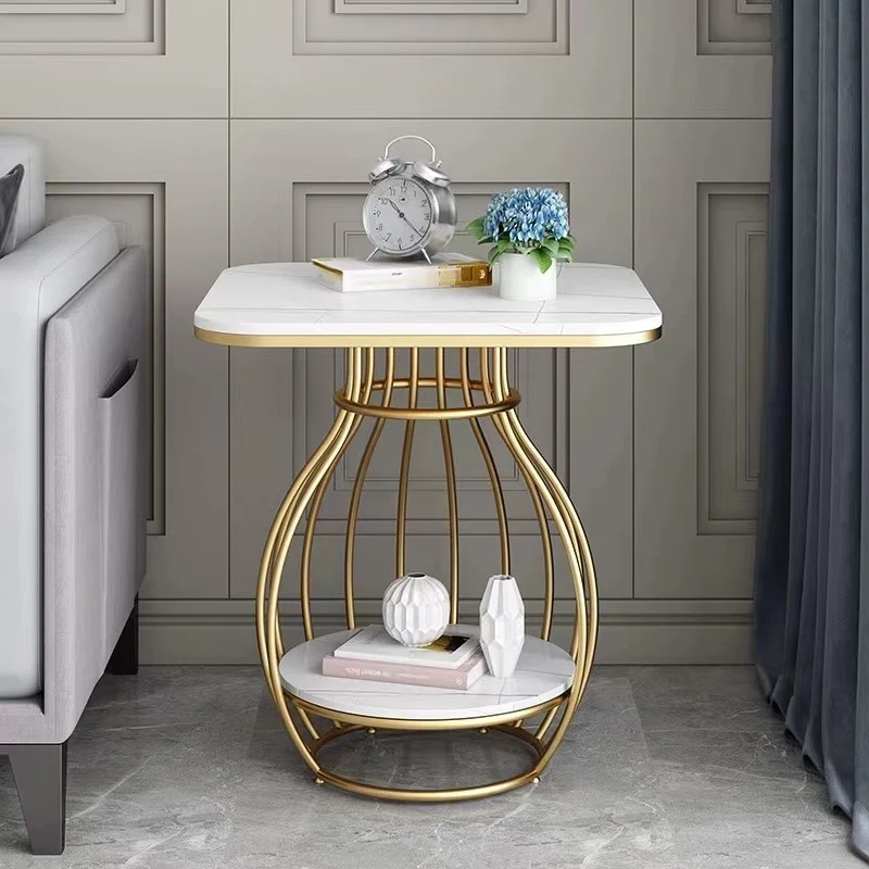 Modern Minimalist Round Oval Square Carbon Steel Rock Slab Side Table 2-Tier For Living Room