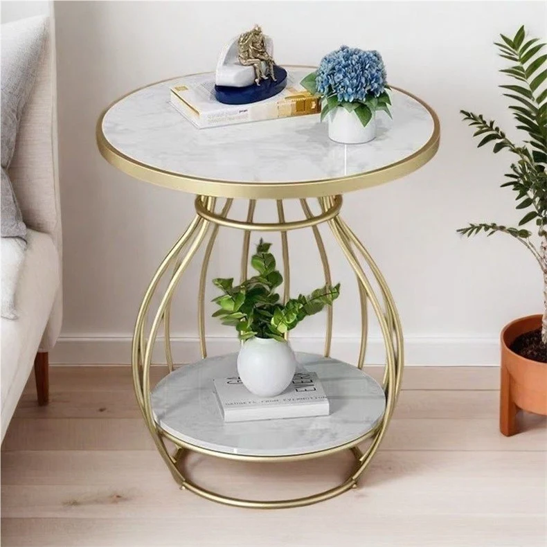 Modern Minimalist Round Oval Square Carbon Steel Rock Slab Side Table 2-Tier For Living Room