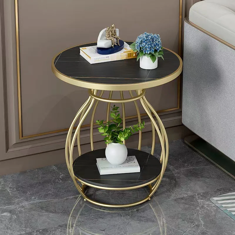 Modern Minimalist Round Oval Square Carbon Steel Rock Slab Side Table 2-Tier For Living Room