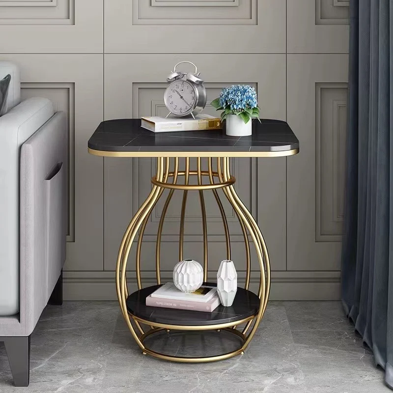 Modern Minimalist Round Oval Square Carbon Steel Rock Slab Side Table 2-Tier For Living Room