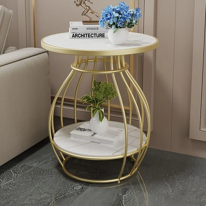 Modern Minimalist Round Oval Square Carbon Steel Rock Slab Side Table 2-Tier For Living Room