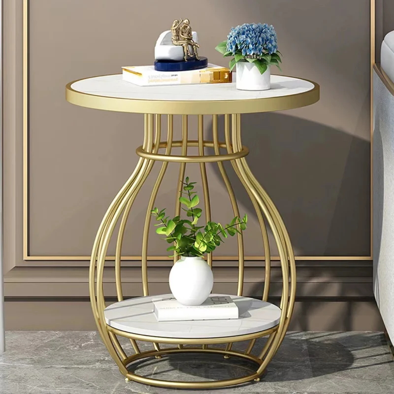 Modern Minimalist Round Oval Square Carbon Steel Rock Slab Side Table 2-Tier For Living Room