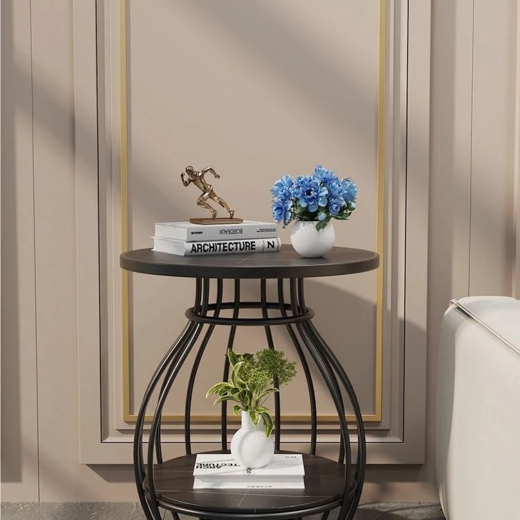 Modern Minimalist Round Oval Square Carbon Steel Rock Slab Side Table 2-Tier For Living Room