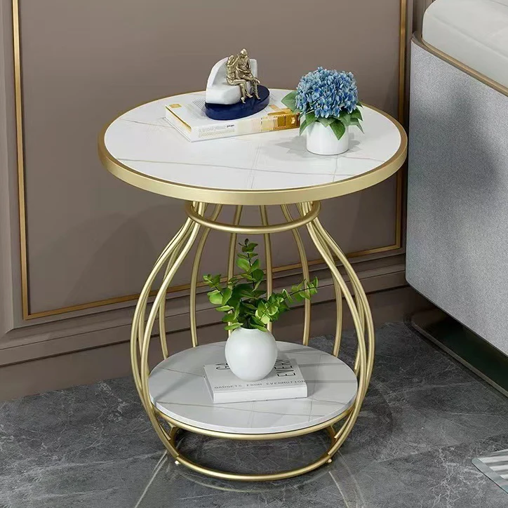 Modern Minimalist Round Oval Square Carbon Steel Rock Slab Side Table 2-Tier For Living Room