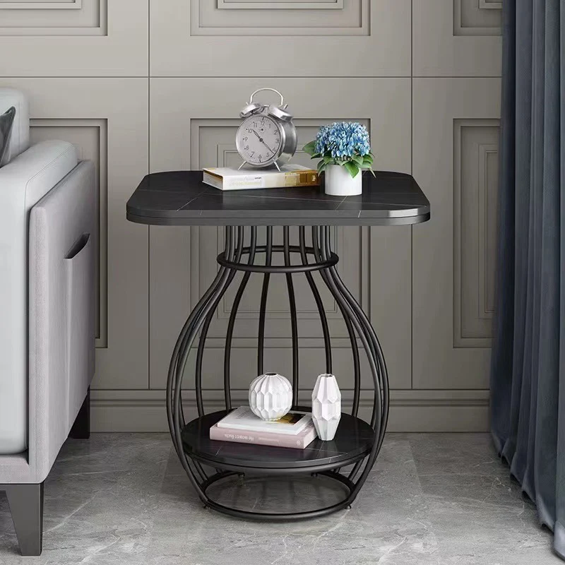 Modern Minimalist Round Oval Square Carbon Steel Rock Slab Side Table 2-Tier For Living Room