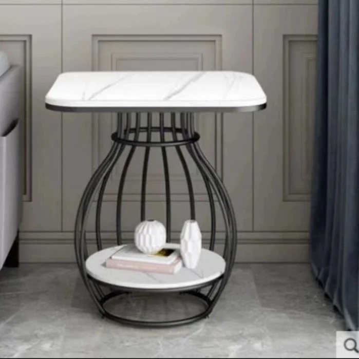 Modern Minimalist Round Oval Square Carbon Steel Rock Slab Side Table 2-Tier For Living Room