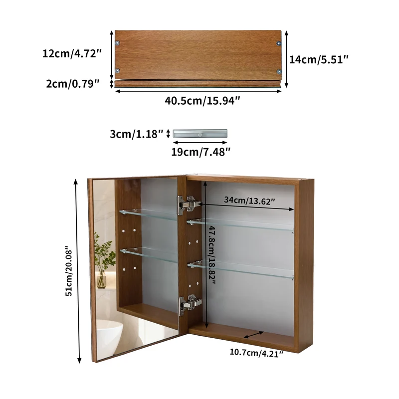 Mid Century Medicine Cabinet with Mirror, Double Mirror Doors, With Sensor Light