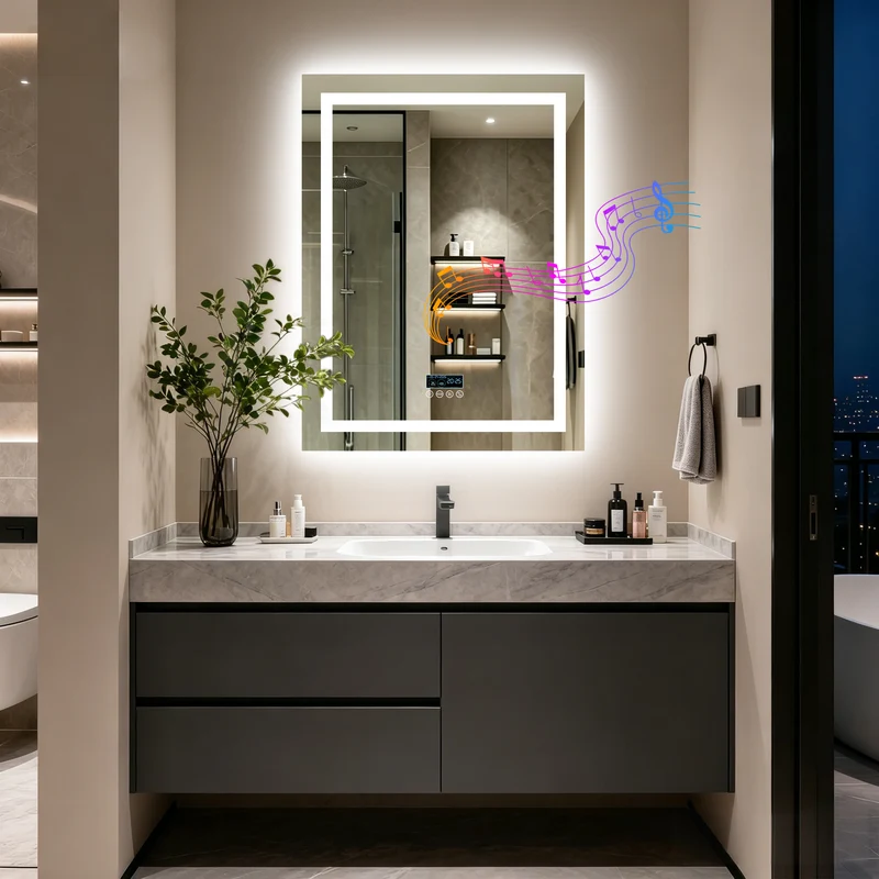 LUVODI LED Bluetooth Bathroom Mirror with Display, Rectangular Lighted Bathroom Mirror with Tempered Glass, Frontlit and Backlit Vanity Mirror
