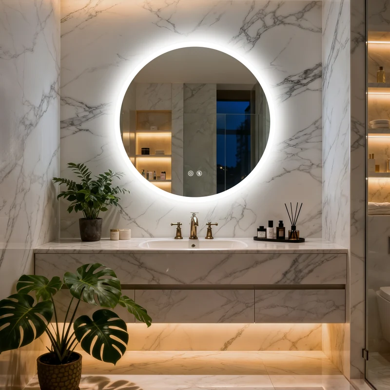LUVODI Round Bathroom Mirror with Lights Tempered Glass(2 Buttons)
