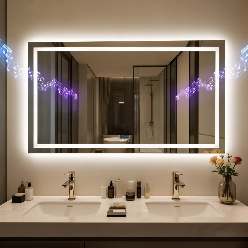 LUVODI LED Bathroom Mirror with Bluetooth Speaker & Screen Display, Tempered Glass Anti Fog Vanity Mirror