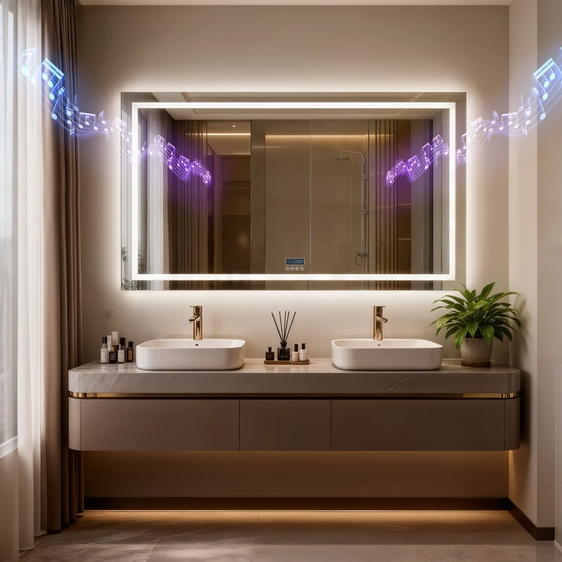LUVODI LED Bathroom Mirror with Bluetooth Speaker & Screen Display, Tempered Glass Anti Fog Vanity Mirror