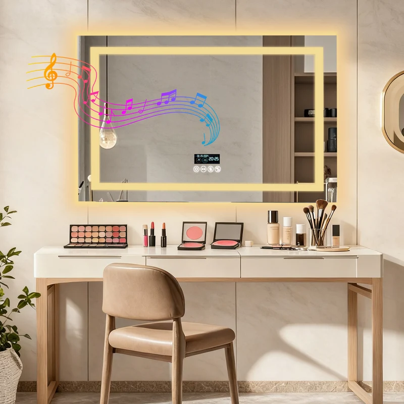LUVODI LED Bathroom Mirror with Bluetooth Speaker & Screen Display, Tempered Glass Anti Fog Vanity Mirror