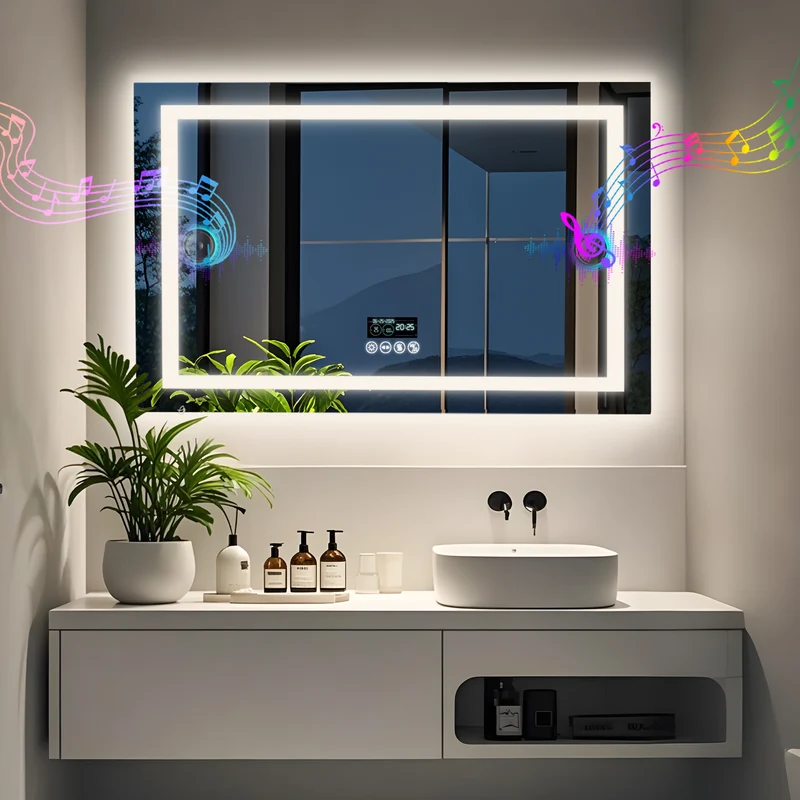 LUVODI LED Bathroom Mirror with Bluetooth Speaker & Screen Display, Tempered Glass Anti Fog Vanity Mirror
