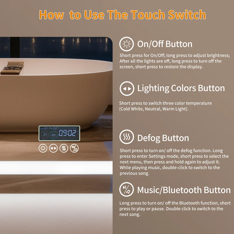 LUVODI LED Bathroom Mirror with Bluetooth Speaker & Screen Display, Tempered Glass Anti Fog Vanity Mirror