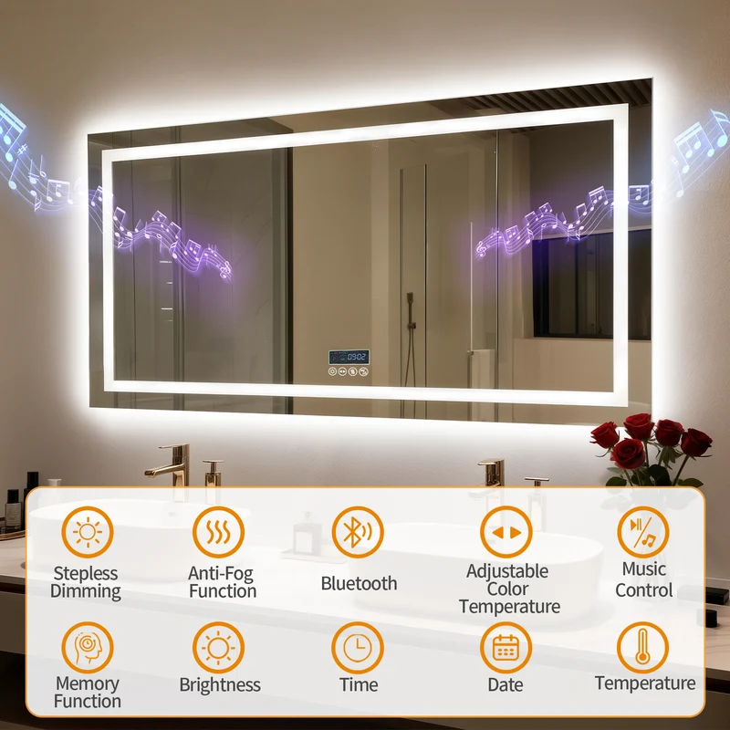 LUVODI LED Bathroom Mirror with Bluetooth Speaker & Screen Display, Tempered Glass Anti Fog Vanity Mirror