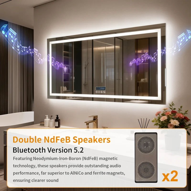 LUVODI LED Bathroom Mirror with Bluetooth Speaker & Screen Display, Tempered Glass Anti Fog Vanity Mirror