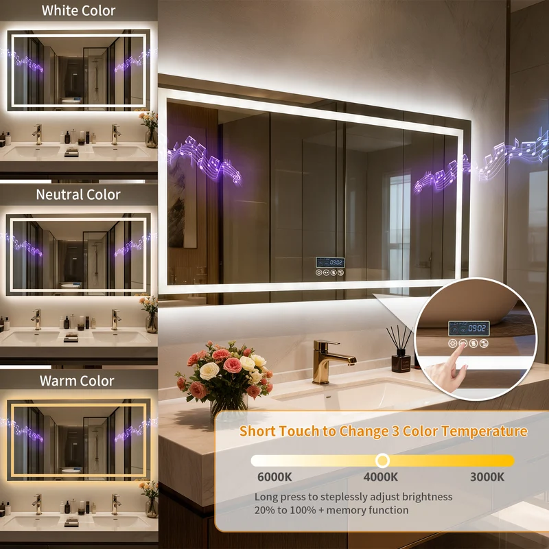 LUVODI LED Bathroom Mirror with Bluetooth Speaker & Screen Display, Tempered Glass Anti Fog Vanity Mirror