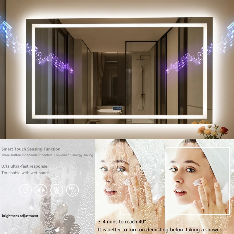 LUVODI LED Bathroom Mirror with Bluetooth Speaker & Screen Display, Tempered Glass Anti Fog Vanity Mirror
