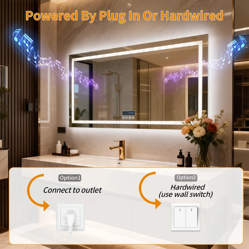 LUVODI LED Bathroom Mirror with Bluetooth Speaker & Screen Display, Tempered Glass Anti Fog Vanity Mirror