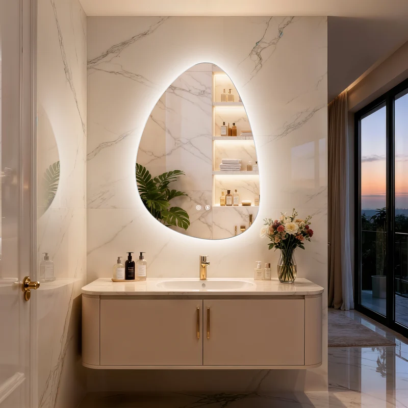 LUVODI Irregular LED Bathroom Mirror, Pebble Oval Backlit Vanity Mirror, Tempered Glass Mirror (2 Buttons)