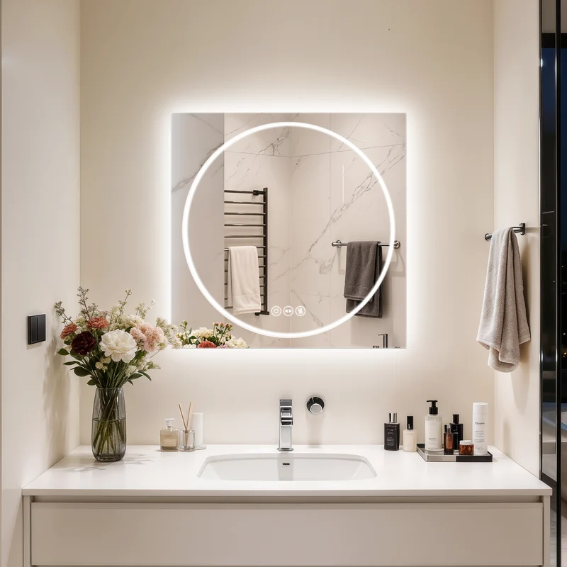 LUVODI Frameless Tempered Glass LED Bathroom Mirror, Backlit with Round Front Light