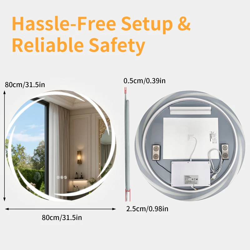 LUVODI 31.5" Round LED Bathroom Wall Mirror w/ Dual Bluetooth Speaker Anti-Fog Dimmable