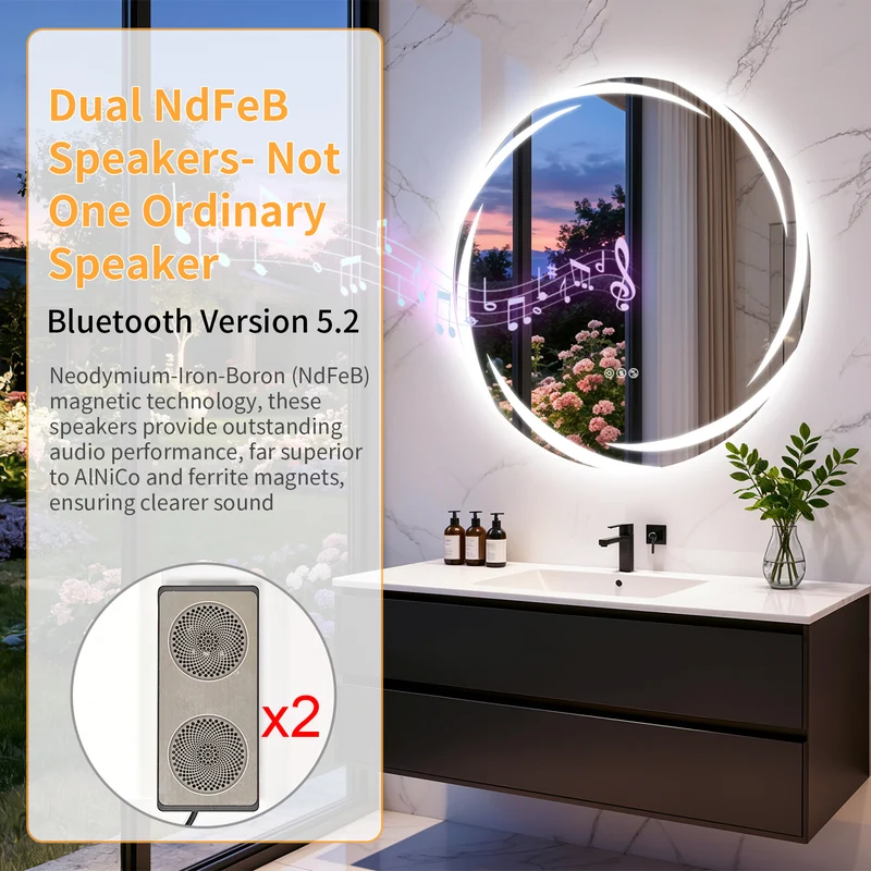 LUVODI 31.5" Round LED Bathroom Wall Mirror w/ Dual Bluetooth Speaker Anti-Fog Dimmable