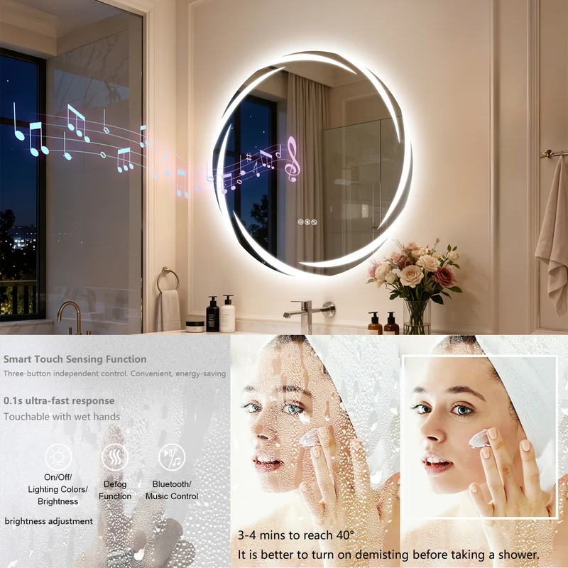 LUVODI 31.5" Round LED Bathroom Wall Mirror w/ Dual Bluetooth Speaker Anti-Fog Dimmable
