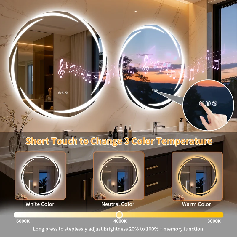 LUVODI 31.5" Round LED Bathroom Wall Mirror w/ Dual Bluetooth Speaker Anti-Fog Dimmable