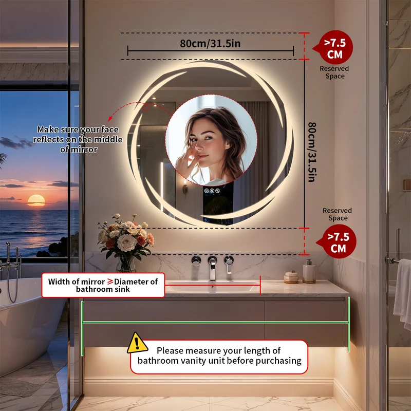 LUVODI 31.5" Round LED Bathroom Wall Mirror w/ Dual Bluetooth Speaker Anti-Fog Dimmable