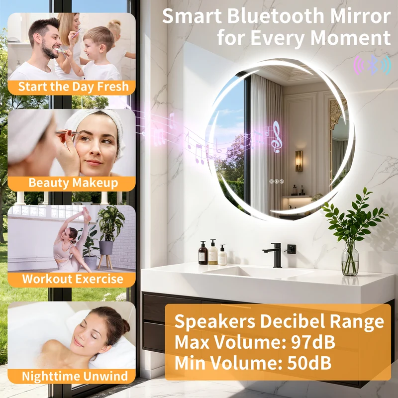 LUVODI 31.5" Round LED Bathroom Wall Mirror w/ Dual Bluetooth Speaker Anti-Fog Dimmable
