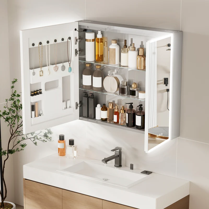 LUVODI 32x28" LED Medicine Cabinet Bluetooth Mirror Bathroom Storage Anti-Fog w/ Outlet
