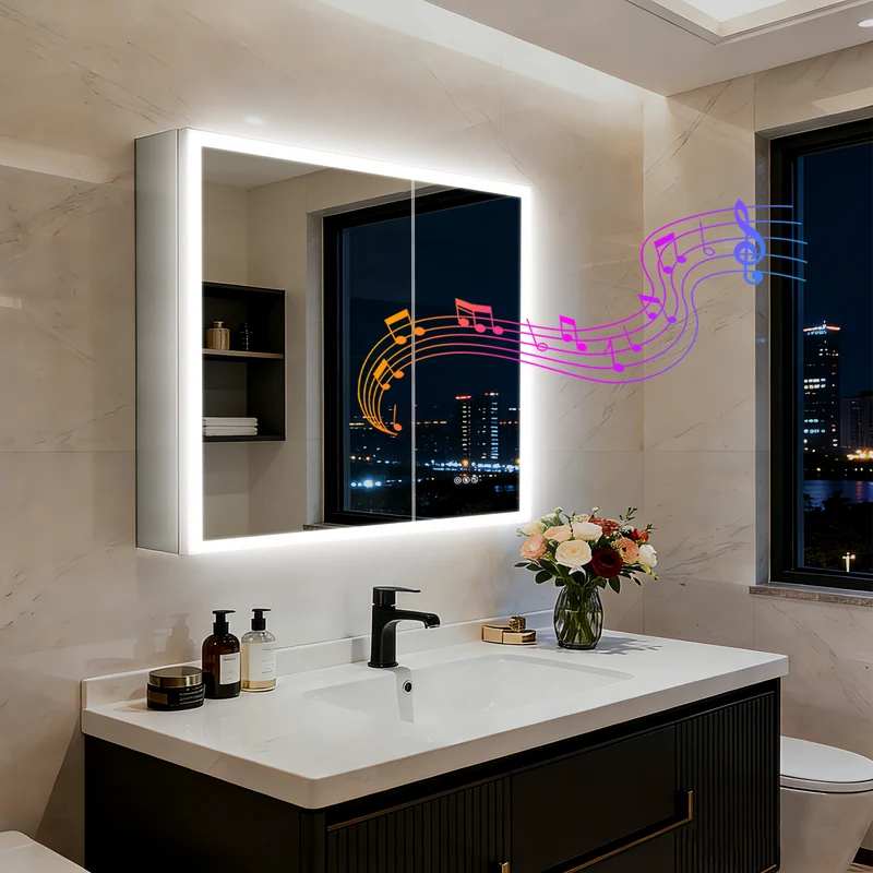 LUVODI 32x28" LED Medicine Cabinet Bluetooth Mirror Bathroom Storage Anti-Fog w/ Outlet
