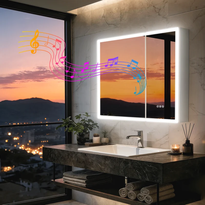 LUVODI 32x28" LED Medicine Cabinet Bluetooth Mirror Bathroom Storage Anti-Fog w/ Outlet