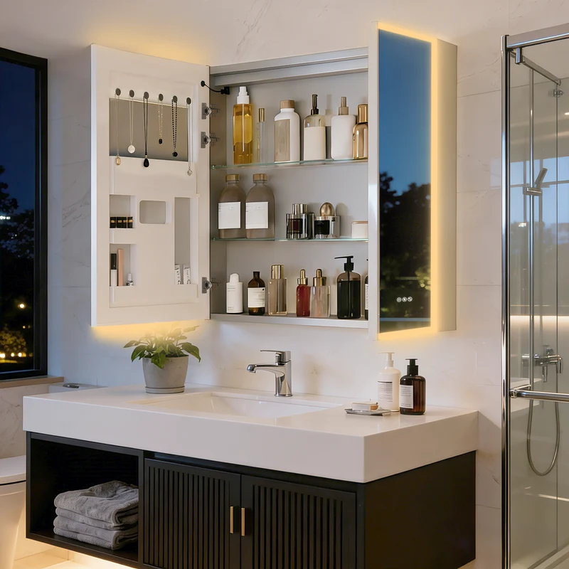 LUVODI 32x28" LED Medicine Cabinet Bluetooth Mirror Bathroom Storage Anti-Fog w/ Outlet