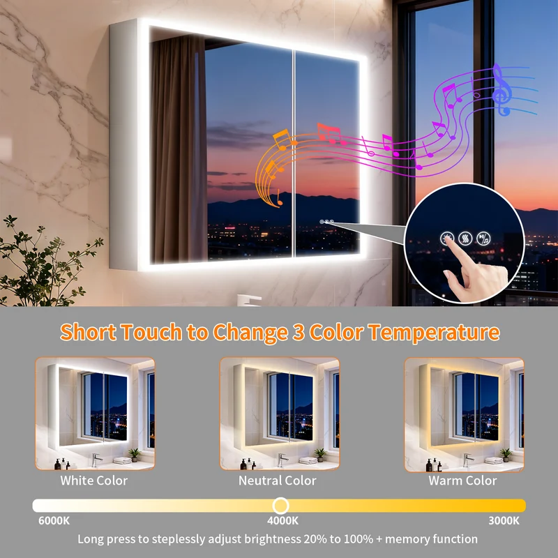LUVODI 32x28" LED Medicine Cabinet Bluetooth Mirror Bathroom Storage Anti-Fog w/ Outlet