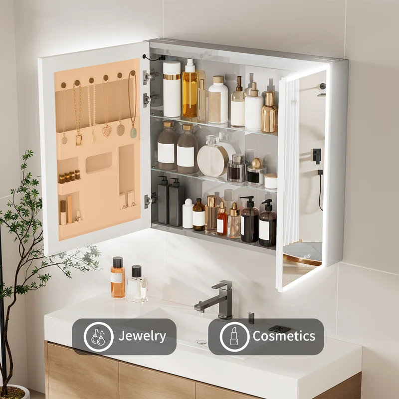 LUVODI 32x28" LED Medicine Cabinet Bluetooth Mirror Bathroom Storage Anti-Fog w/ Outlet