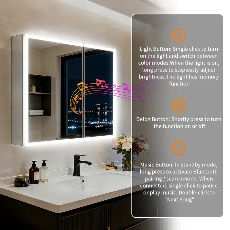 LUVODI 32x28" LED Medicine Cabinet Bluetooth Mirror Bathroom Storage Anti-Fog w/ Outlet