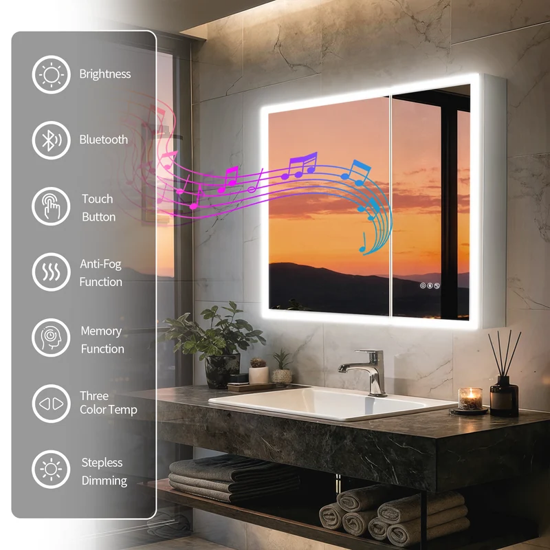 LUVODI 32x28" LED Medicine Cabinet Bluetooth Mirror Bathroom Storage Anti-Fog w/ Outlet