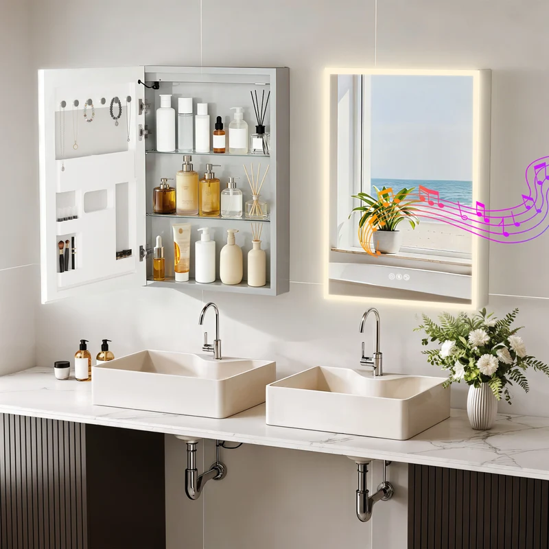 LUVODI LED Bathroom Mirror Cabinet Bluetooth Speaker Lighted Medicine Cabinet w/ Outlet (50x70cm)