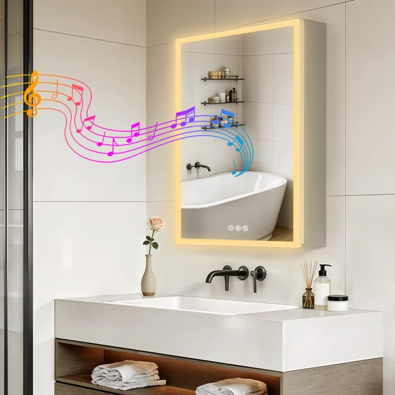 LUVODI LED Bathroom Mirror Cabinet Bluetooth Speaker Lighted Medicine Cabinet w/ Outlet (50x70cm)