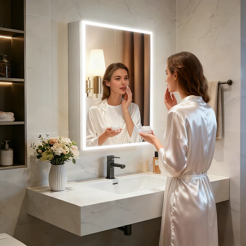 LUVODI LED Bathroom Mirror Cabinet Bluetooth Speaker Lighted Medicine Cabinet w/ Outlet (50x70cm)
