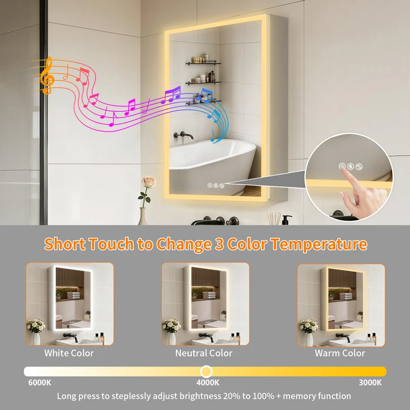 LUVODI LED Bathroom Mirror Cabinet Bluetooth Speaker Lighted Medicine Cabinet w/ Outlet (50x70cm)